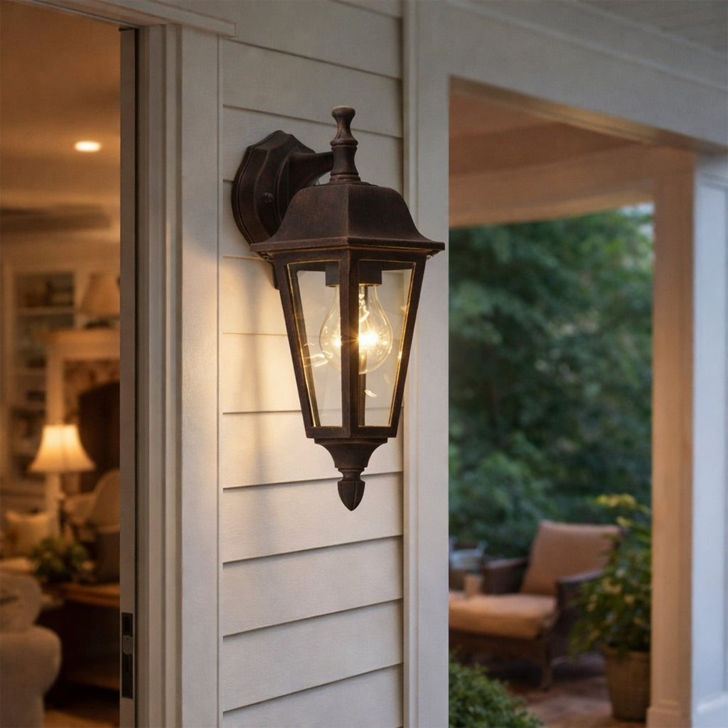 Lucande Lamina outdoor wall light, bottom-mounted socket, glass lantern