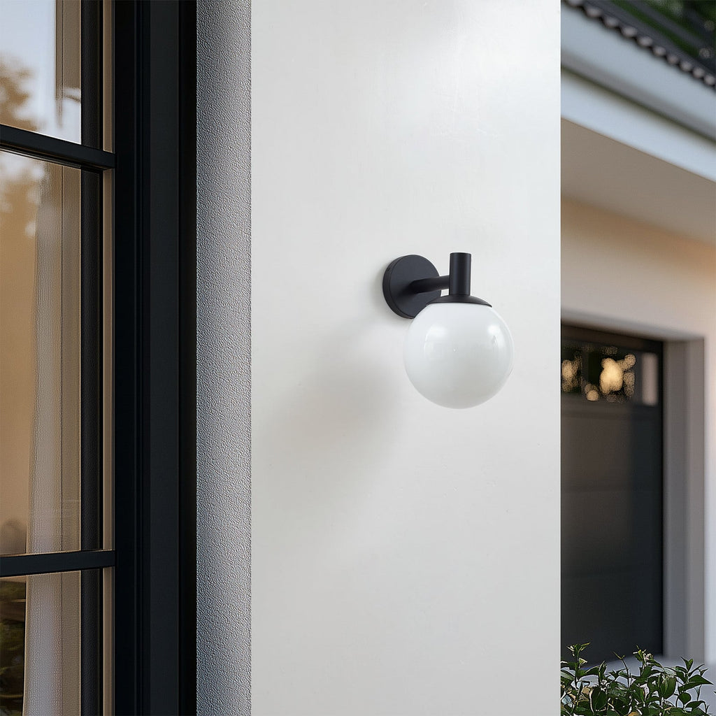 Lucande Dangan outdoor wall light, black/white, Ø 8 in, glass