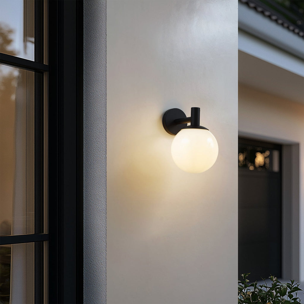 Lucande Dangan outdoor wall light, black/white, Ø 8 in, glass