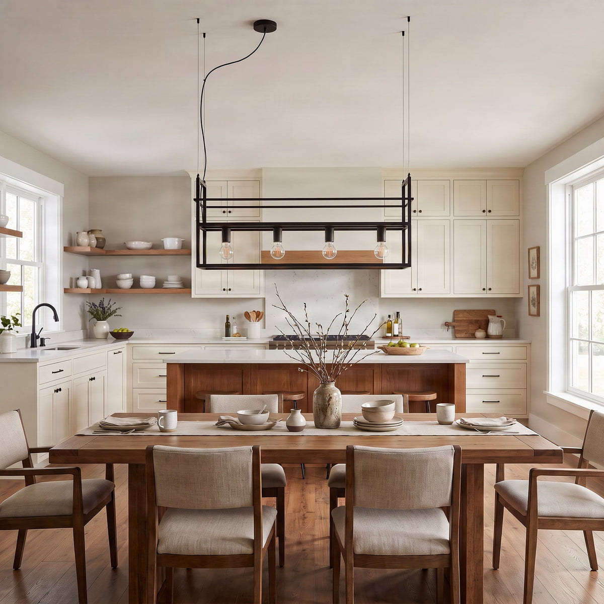 Lucande Grisela pendant light, black, 40 in, shelf, metal
