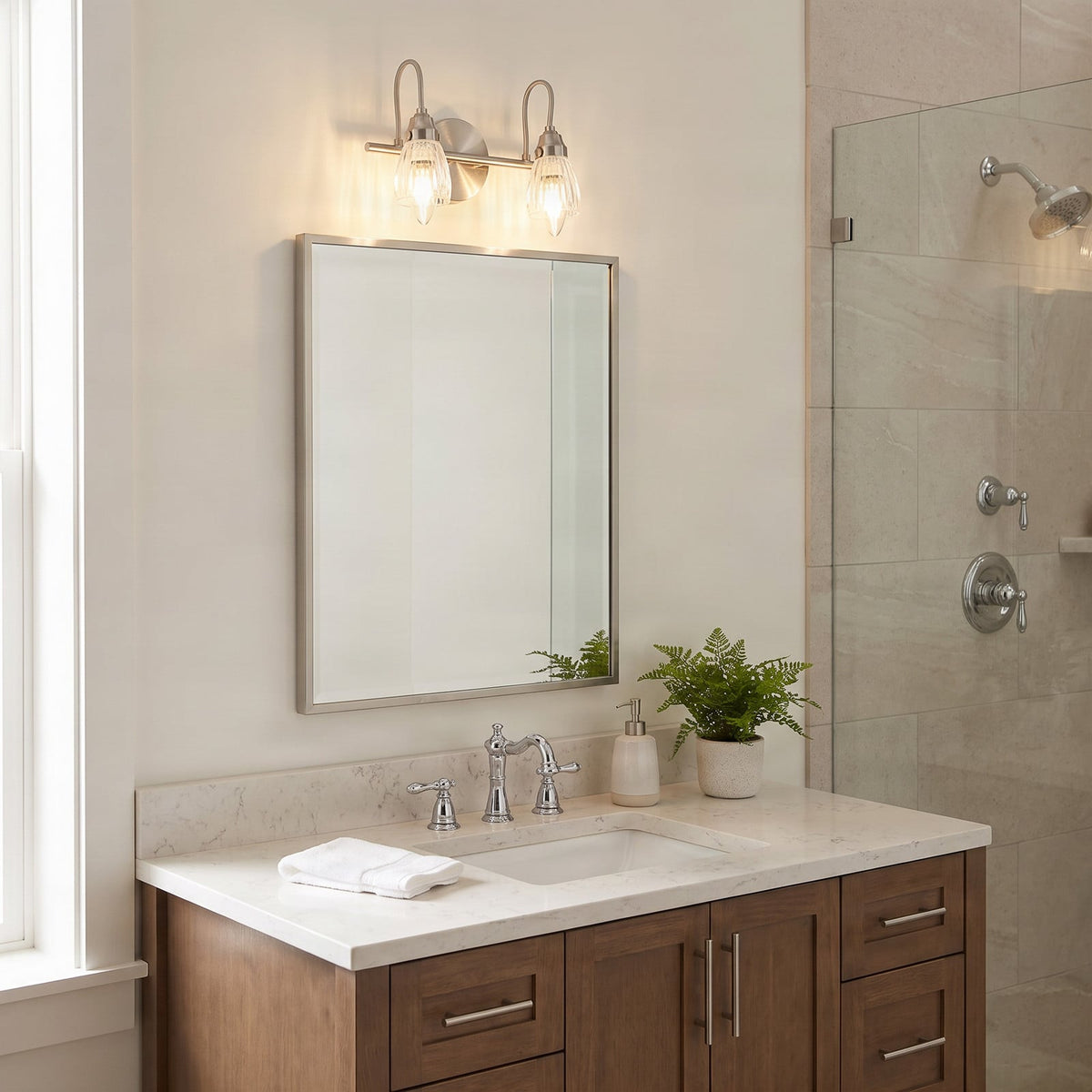 Lucande Kara bathroom wall light, 12 in, 2-bulb, glass, metal
