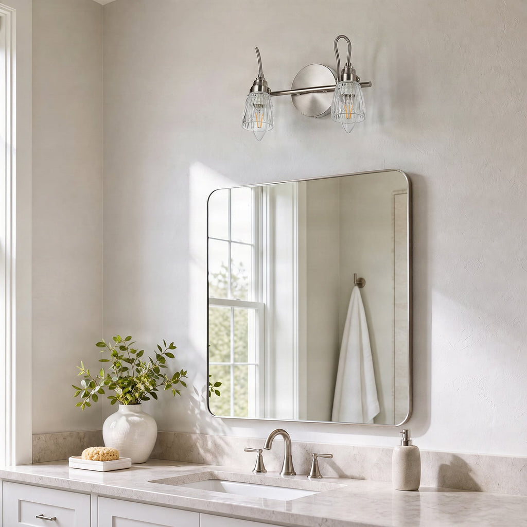 Lucande Kara bathroom wall light, 12 in, 2-bulb, glass, metal