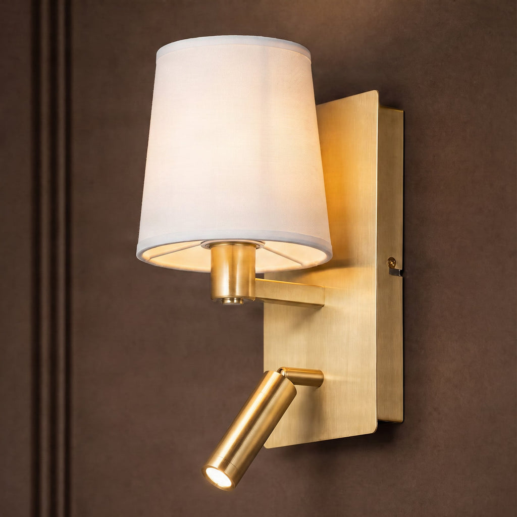 Lucande Aiden wall light, white/brass, LED reading spotlight