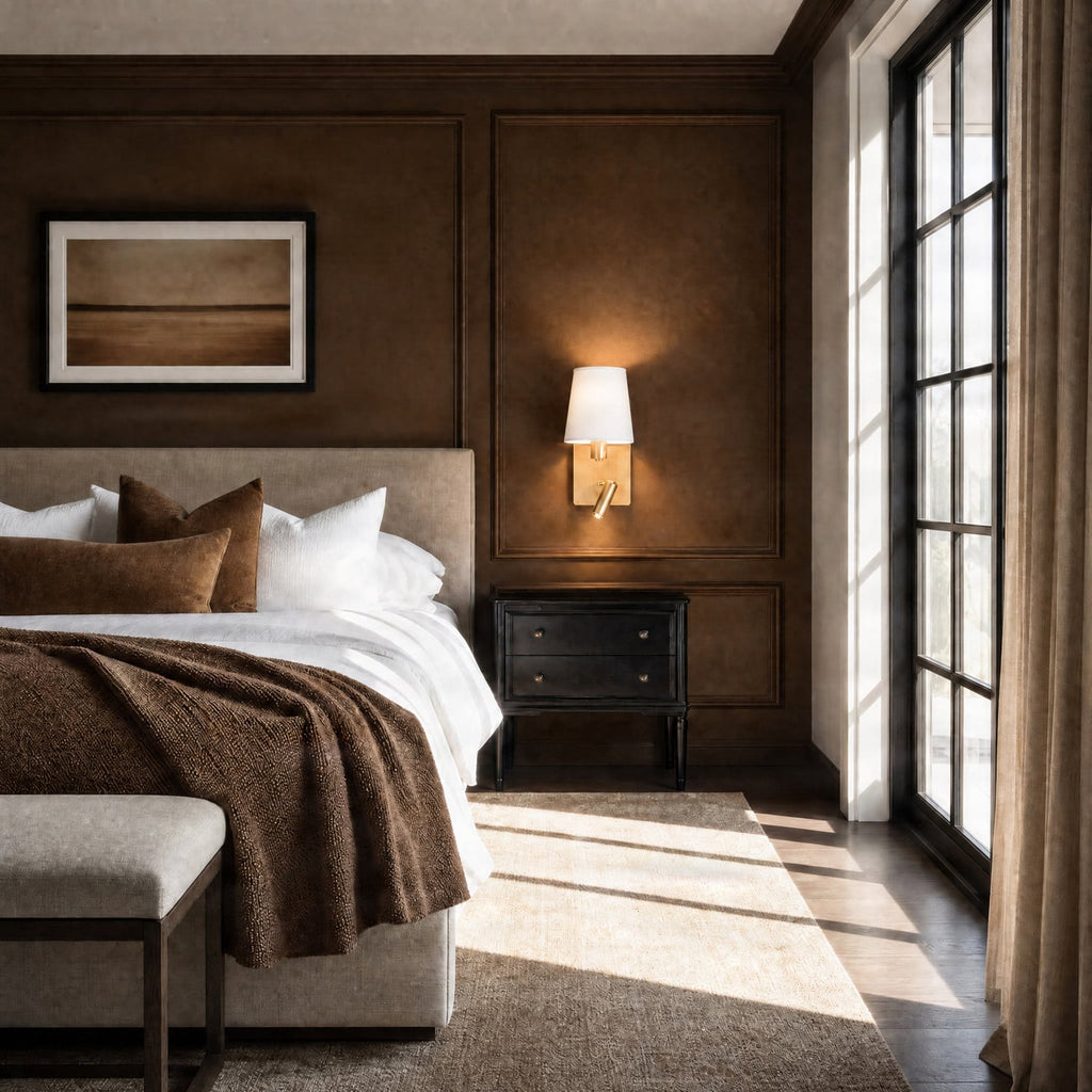 Lucande Aiden wall light, white/brass, LED reading spotlight
