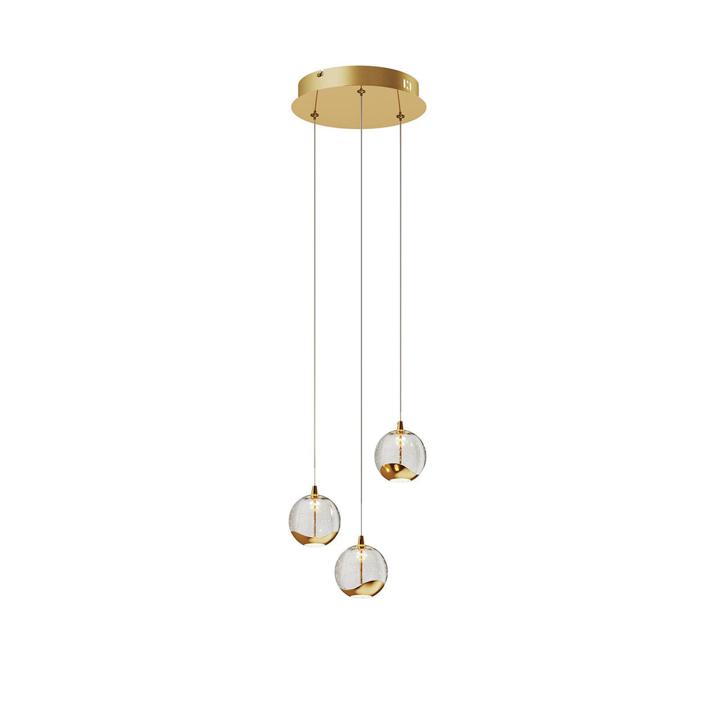 Lucande Hayley LED pendant light, Ø 9 inches, 3-bulb, gold, glass