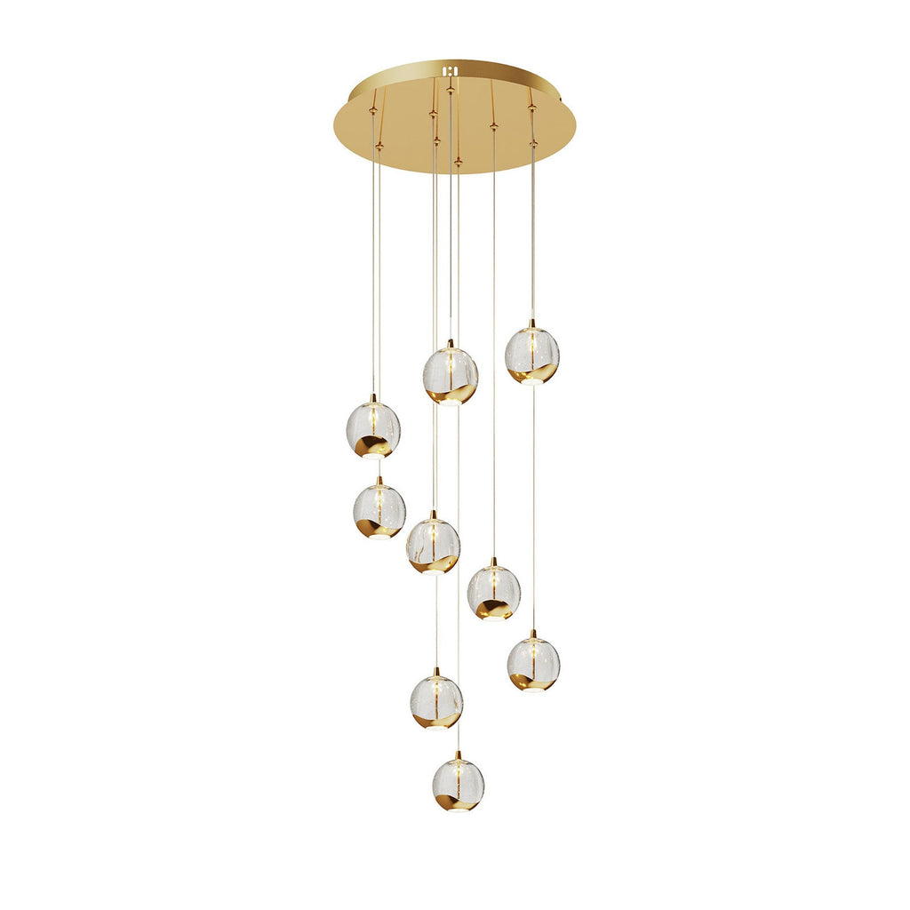 Lucande Hayley LED hanging light, Ø 15.7 inches, 9-bulb, gold, glass