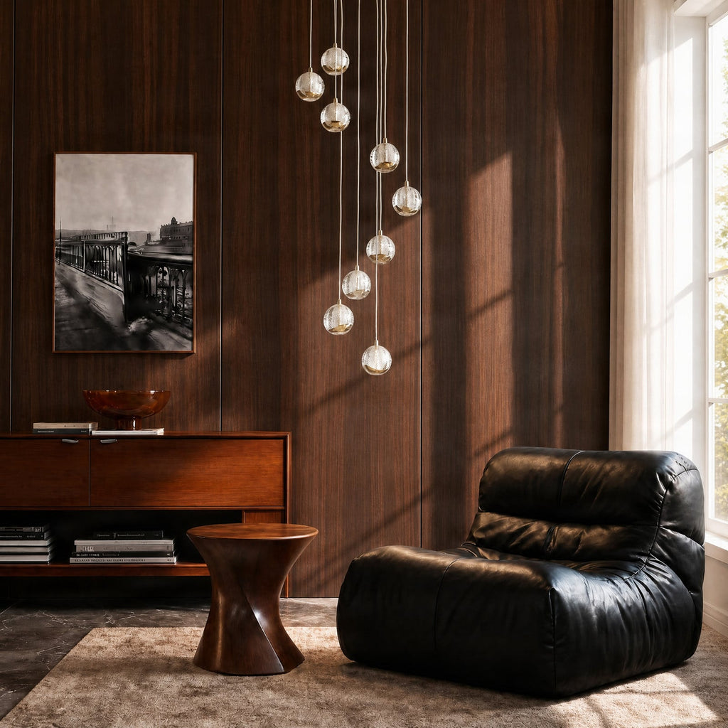Lucande Hayley LED hanging light, Ø 15.7 inches, 9-bulb, gold, glass