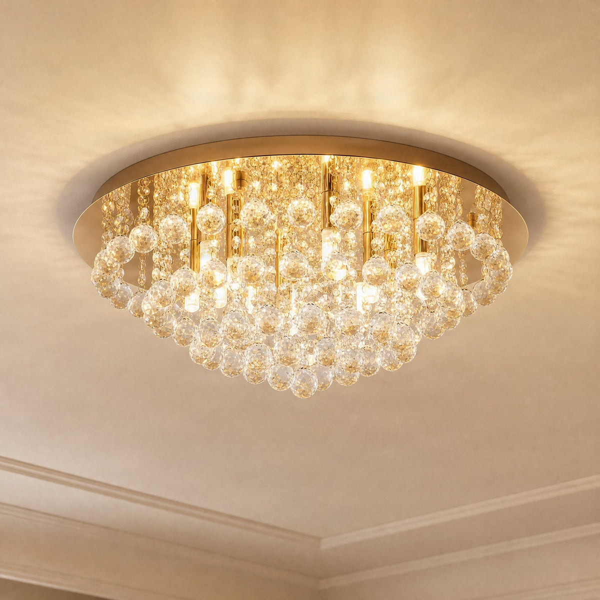 Lucande Gillion ceiling lamp, 8-bulb, gold crystal, Ø 21.6 inches