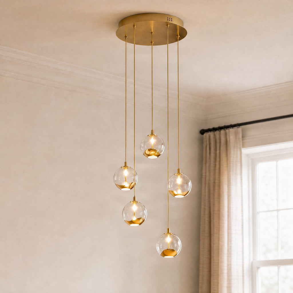 Lucande Hayley LED hanging light, Ø 11 inches, 5-bulb, gold, glass