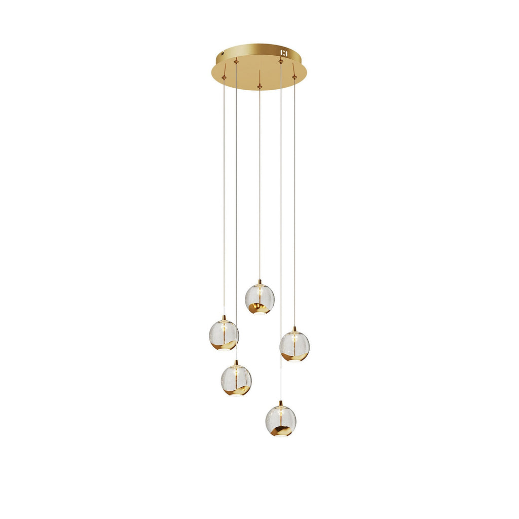 Lucande Hayley LED hanging light, Ø 11 inches, 5-bulb, gold, glass