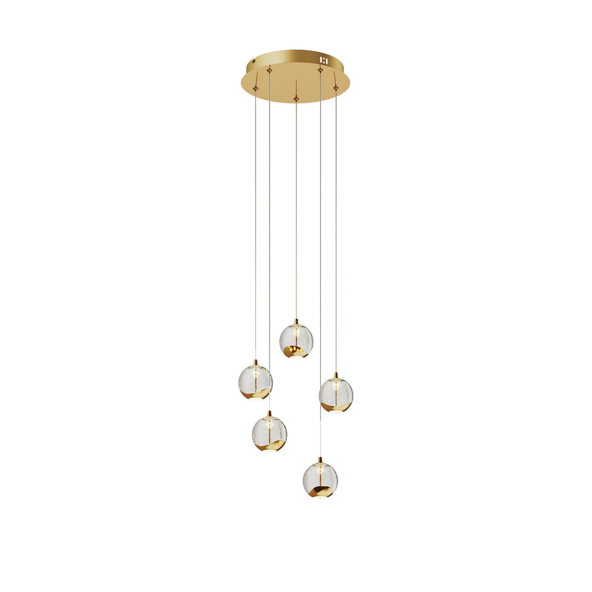 Lucande Hayley LED hanging light, Ø 11 inches, 5-bulb, gold, glass