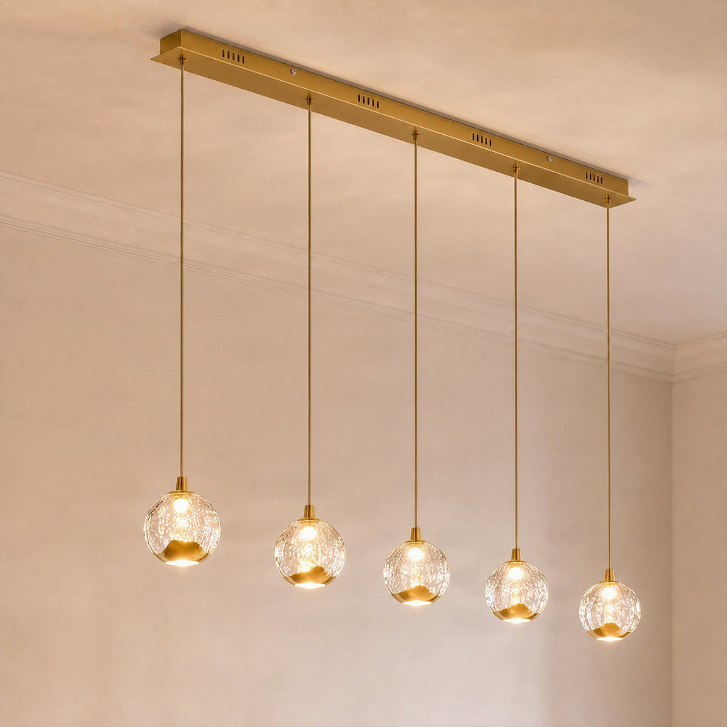 Lucande Hayley LED hanging light, 37.8 inches, 5-bulb, gold, glass