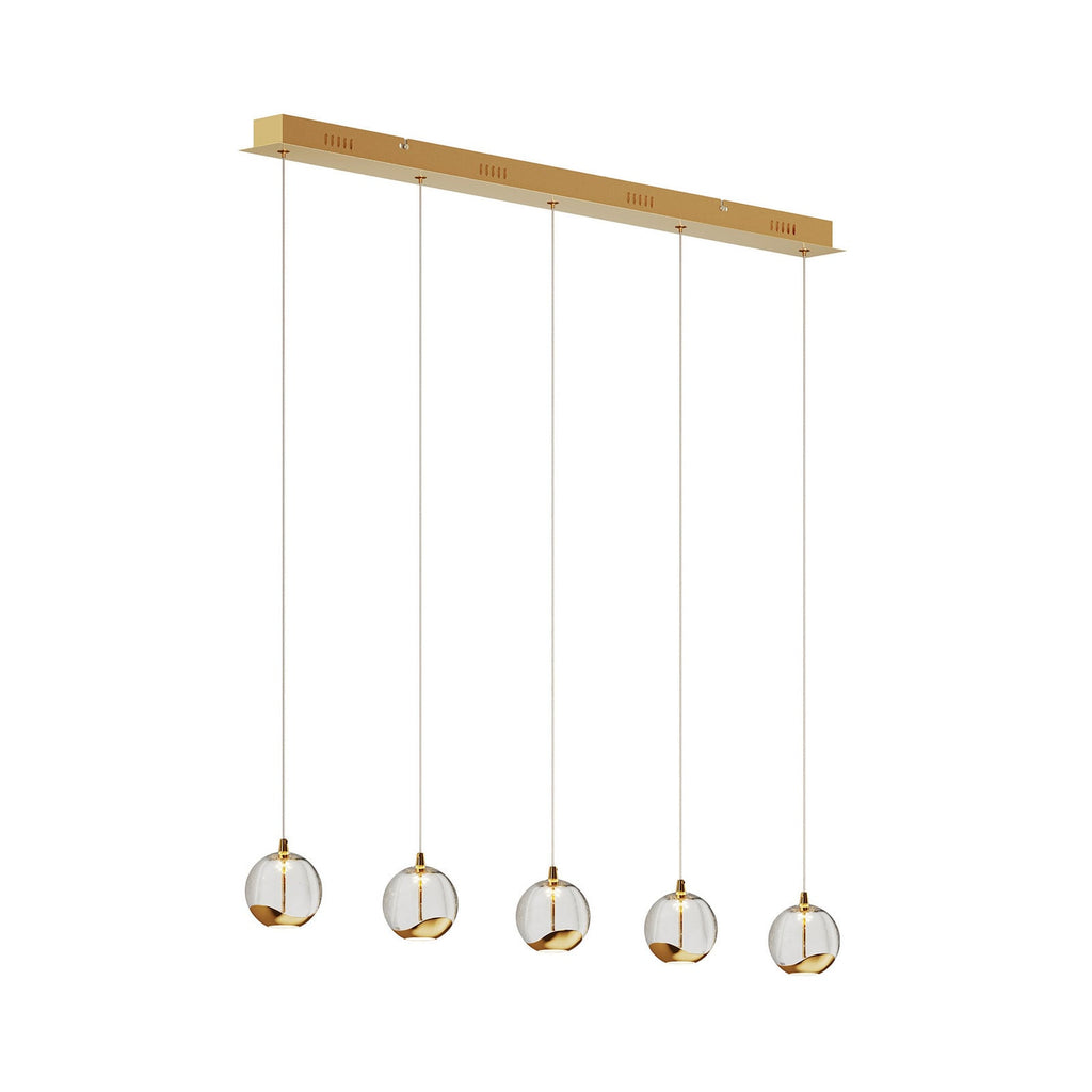 Lucande Hayley LED hanging light, 37.8 inches, 5-bulb, gold, glass