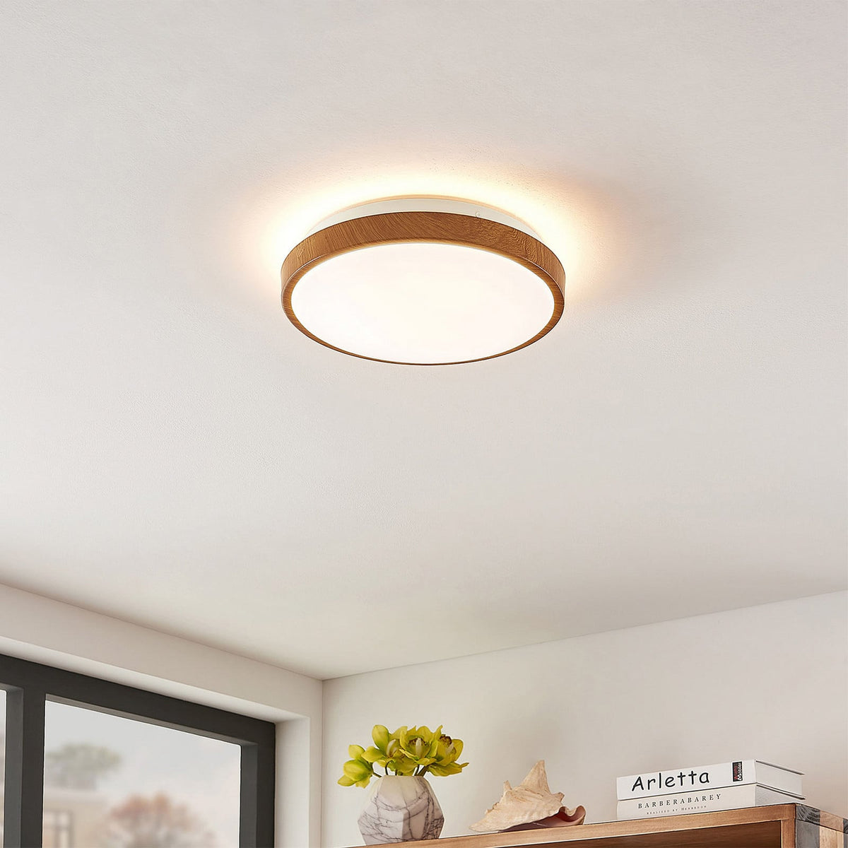 Lucande Mendosa LED ceiling light, wood, 11.8 inches