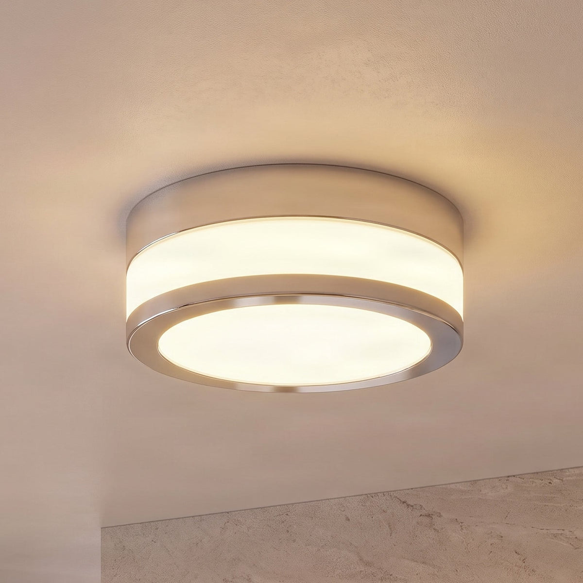 Lucande Flavi ceiling light, Ø 9 inches, chrome, glass, IP44