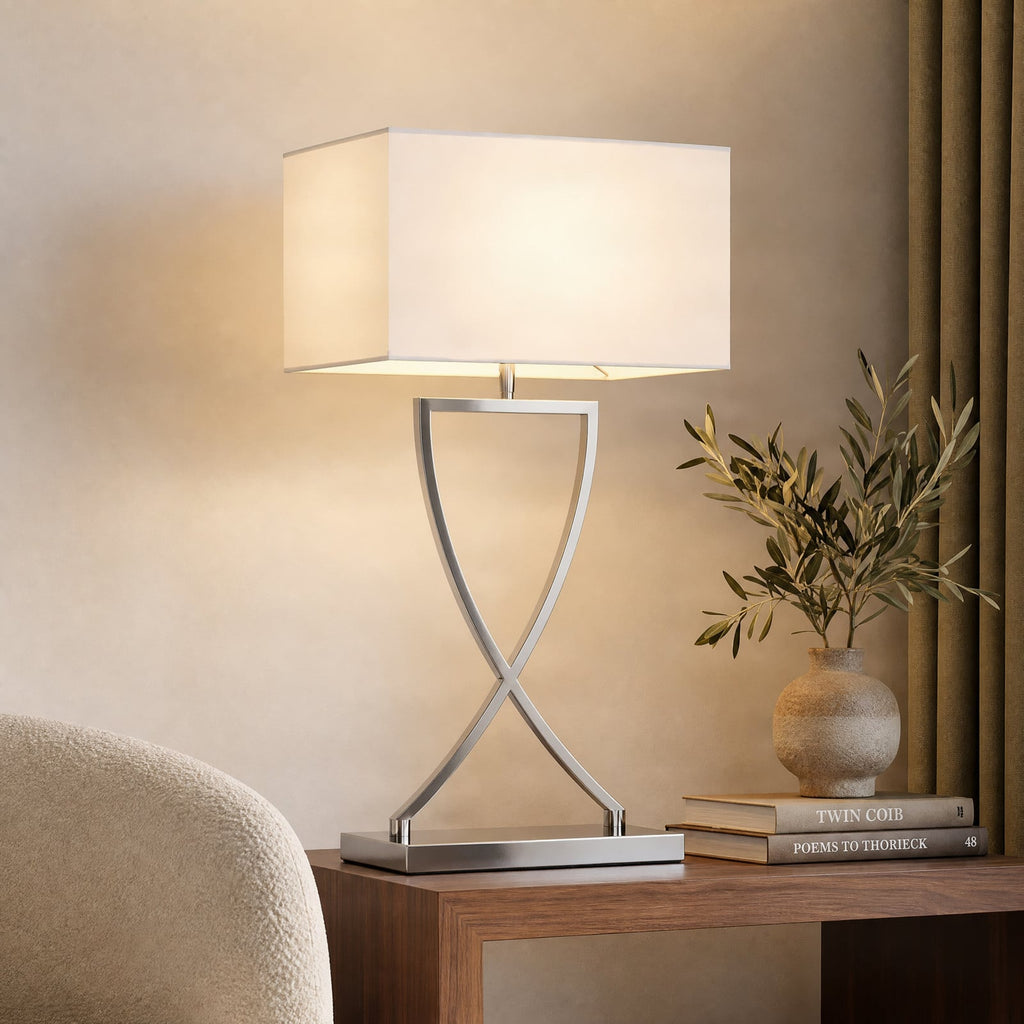 Lucande Evaine table lamp, chrome/white, metal, 25.2 inches