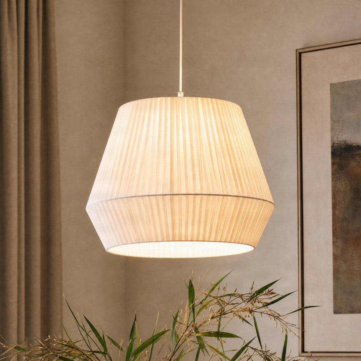 Lucande Vitore pendant light, 15.7 inches, fabric, white