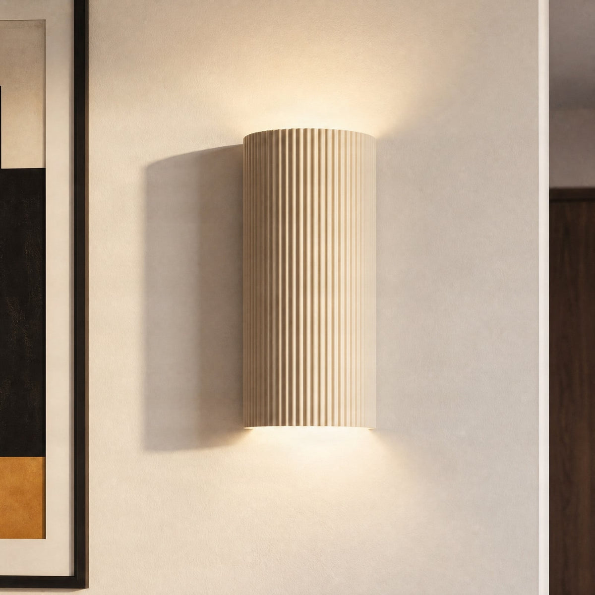 Lucande Colja wall light, round, height 12 in, plaster, beige