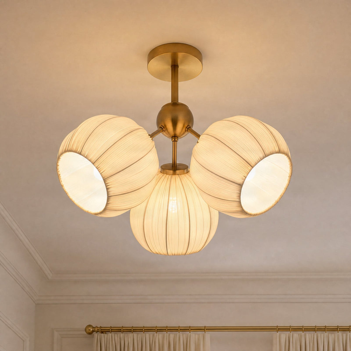 Lucande Scarlett ceiling light, 3-bulb, brass/white, fabric