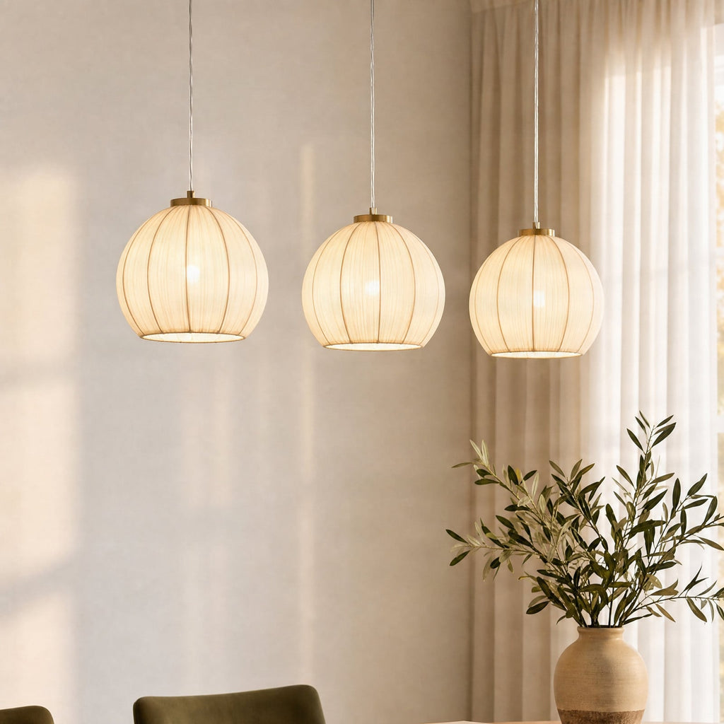 Lucande Scarlett hanging light, 3-bulb, brass, 32 in, fabric
