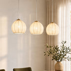 Lucande Scarlett hanging light, 3-bulb, brass, 32 in, fabric