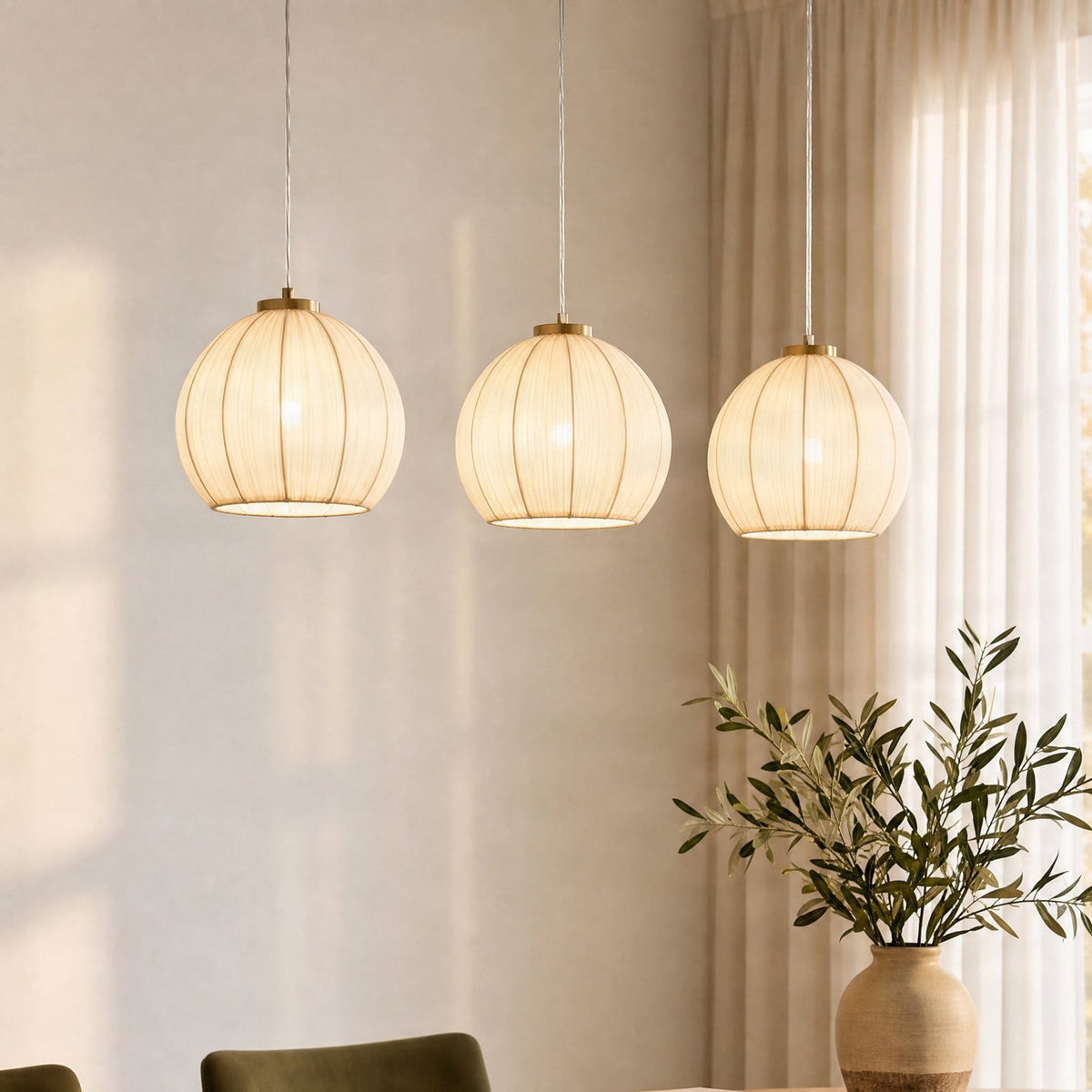 Lucande Scarlett hanging light, 3-bulb, brass, 32 in, fabric