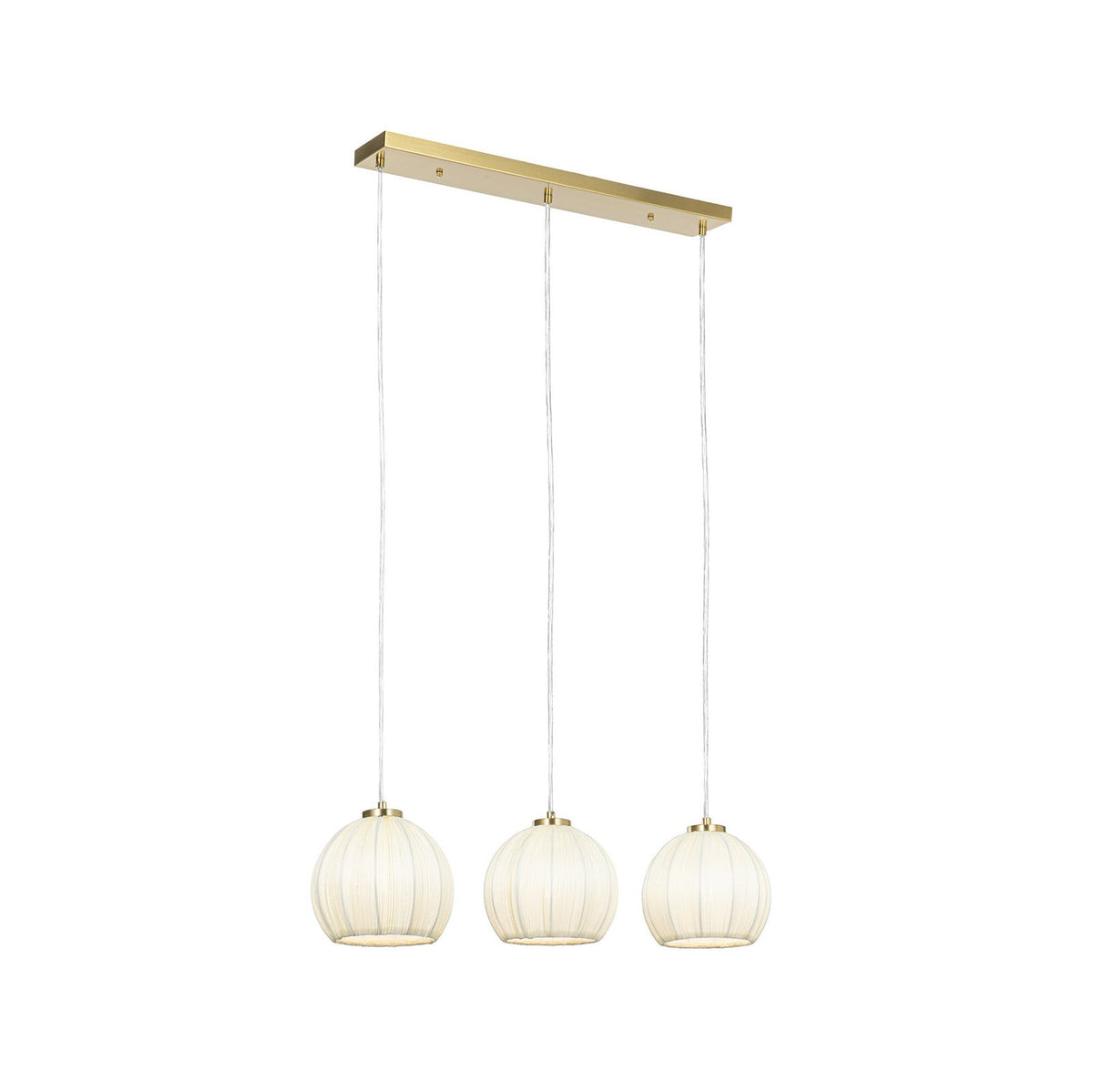Lucande Scarlett hanging light, 3-bulb, brass, 32 in, fabric