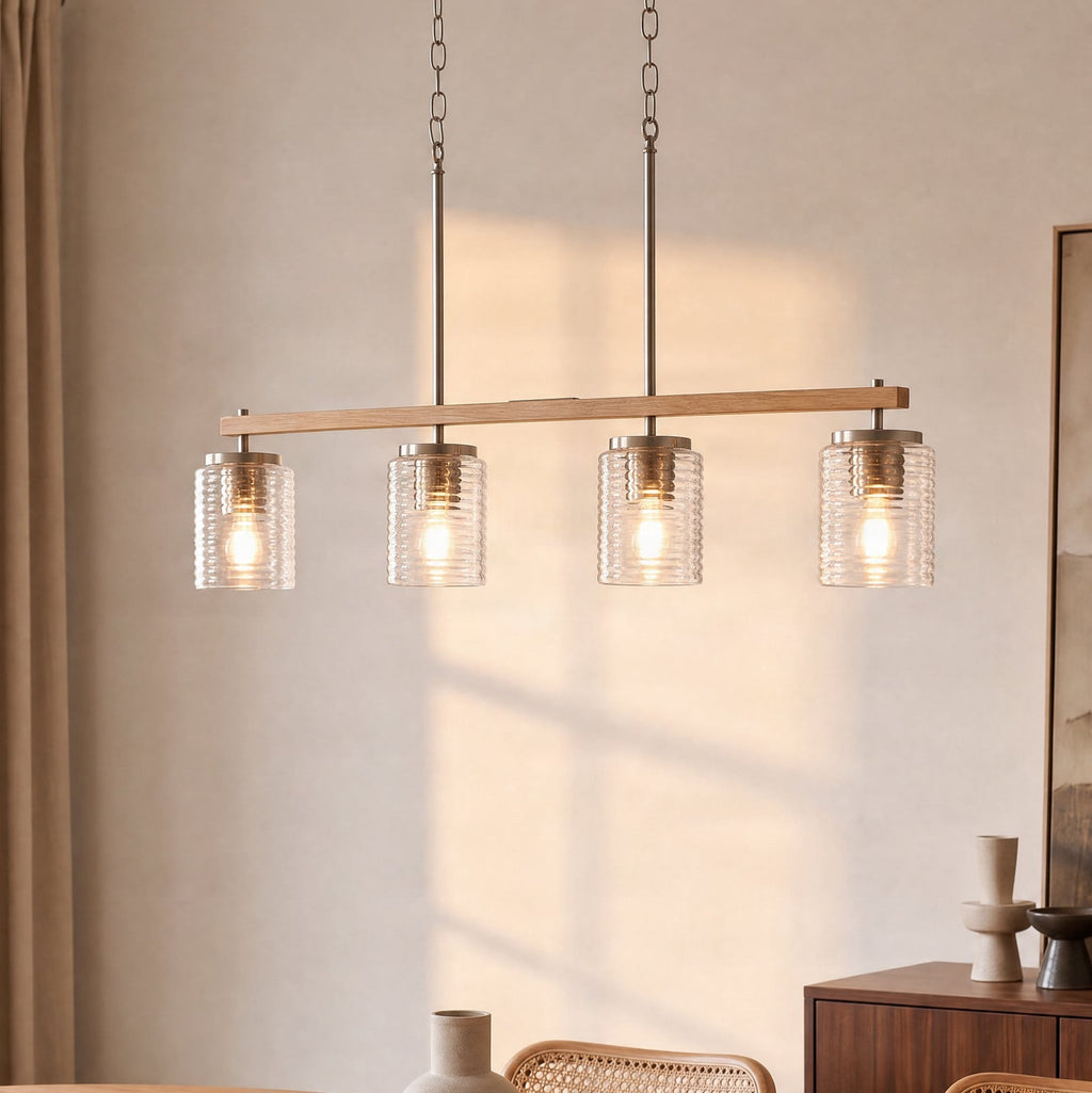 Lucande Noah pendant light, 4-bulb, silver, length 36 in, glass