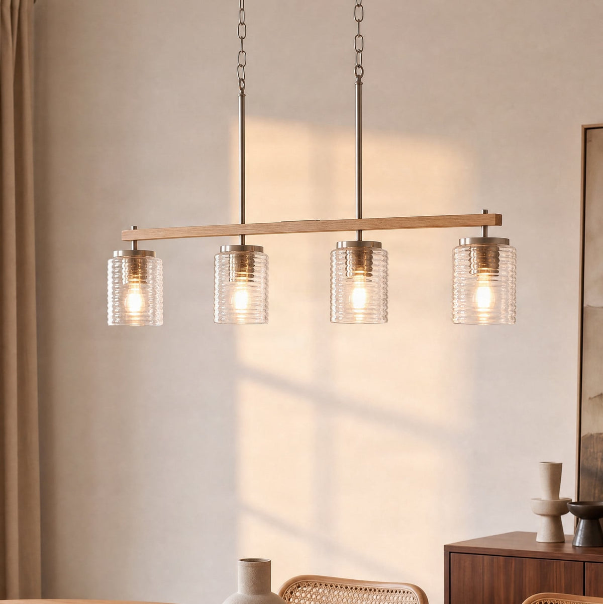 Lucande Noah pendant light, 4-bulb, silver, length 36 in, glass