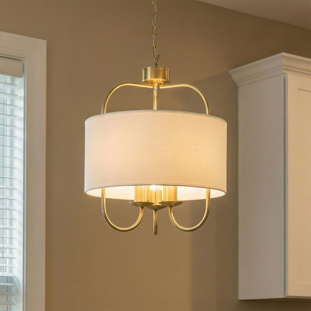 Lucande Aurora pendant light, Ø 16 in, cream, 3-bulb, fabric
