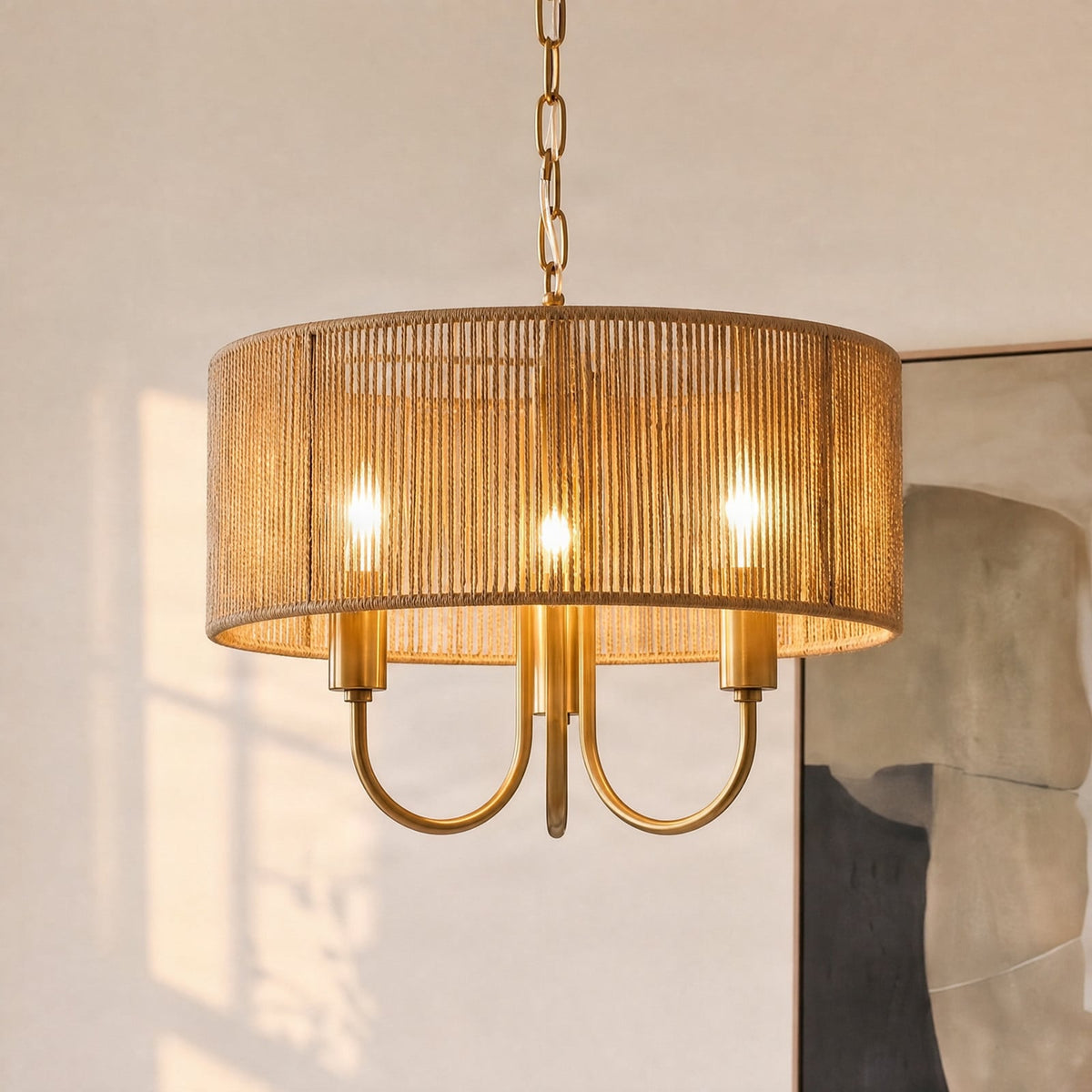Lucande Aurora hanging light, Ø 17.7 in, brown, 3-bulb, fabric