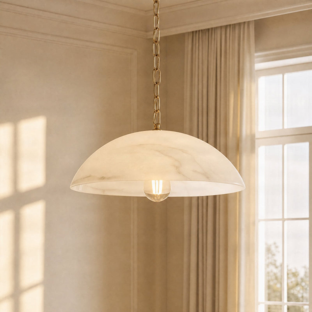 Lucande Sadie pendant light, Ø 16 in, brass/white, glass