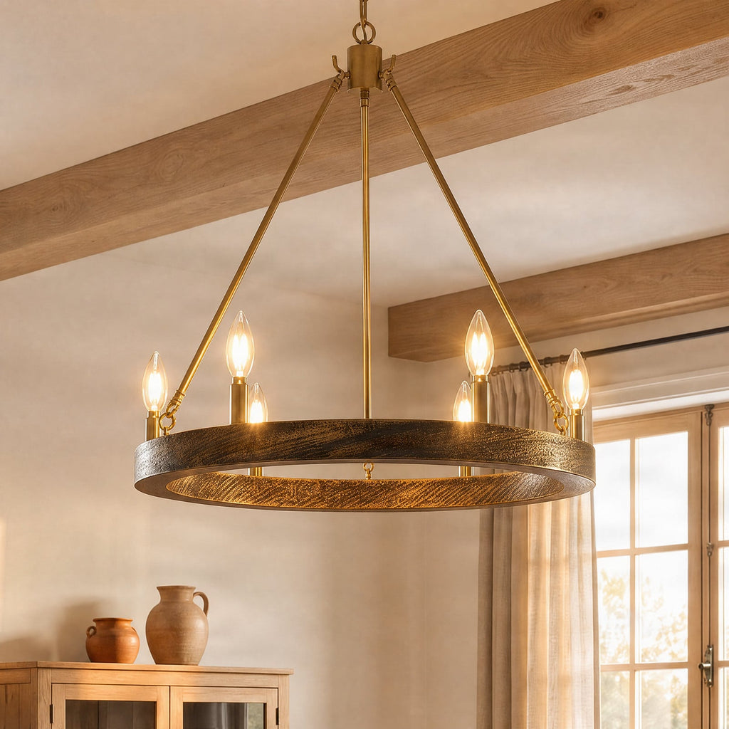 Lucande Eleanor chandelier, 6-bulb, Ø 21 in, gold, metal
