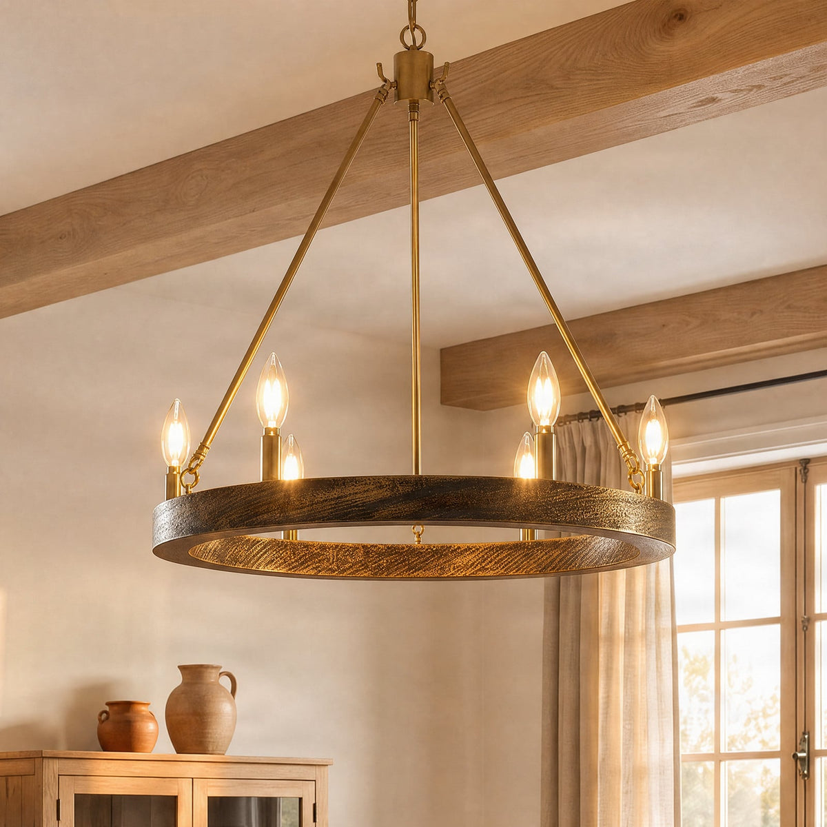 Lucande Eleanor chandelier, 6-bulb, Ø 21 in, gold, metal