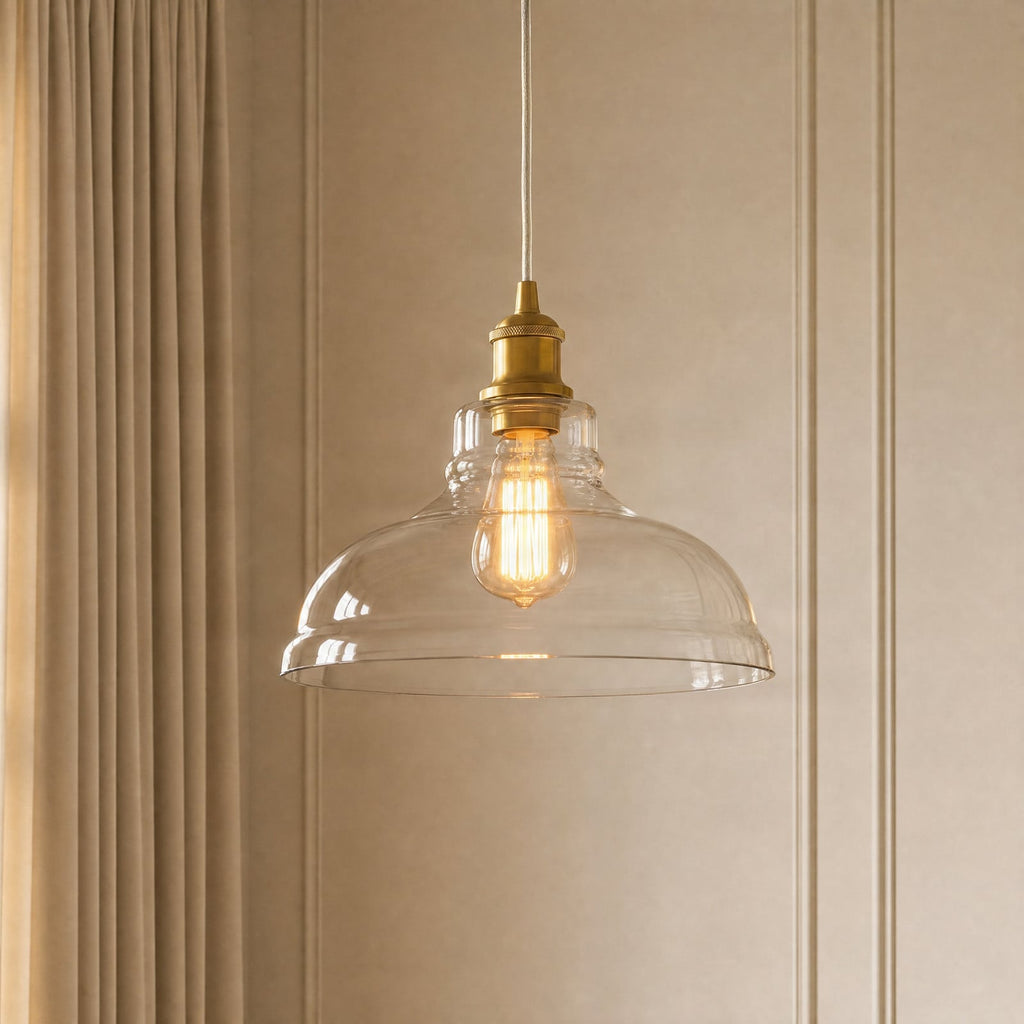 Lucande Andrew pendant light, 1-bulb, Ø 11 in, brass, glass