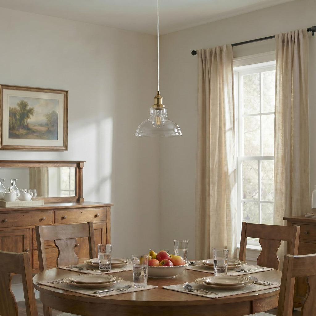 Lucande Andrew pendant light, 1-bulb, Ø 11 in, brass, glass