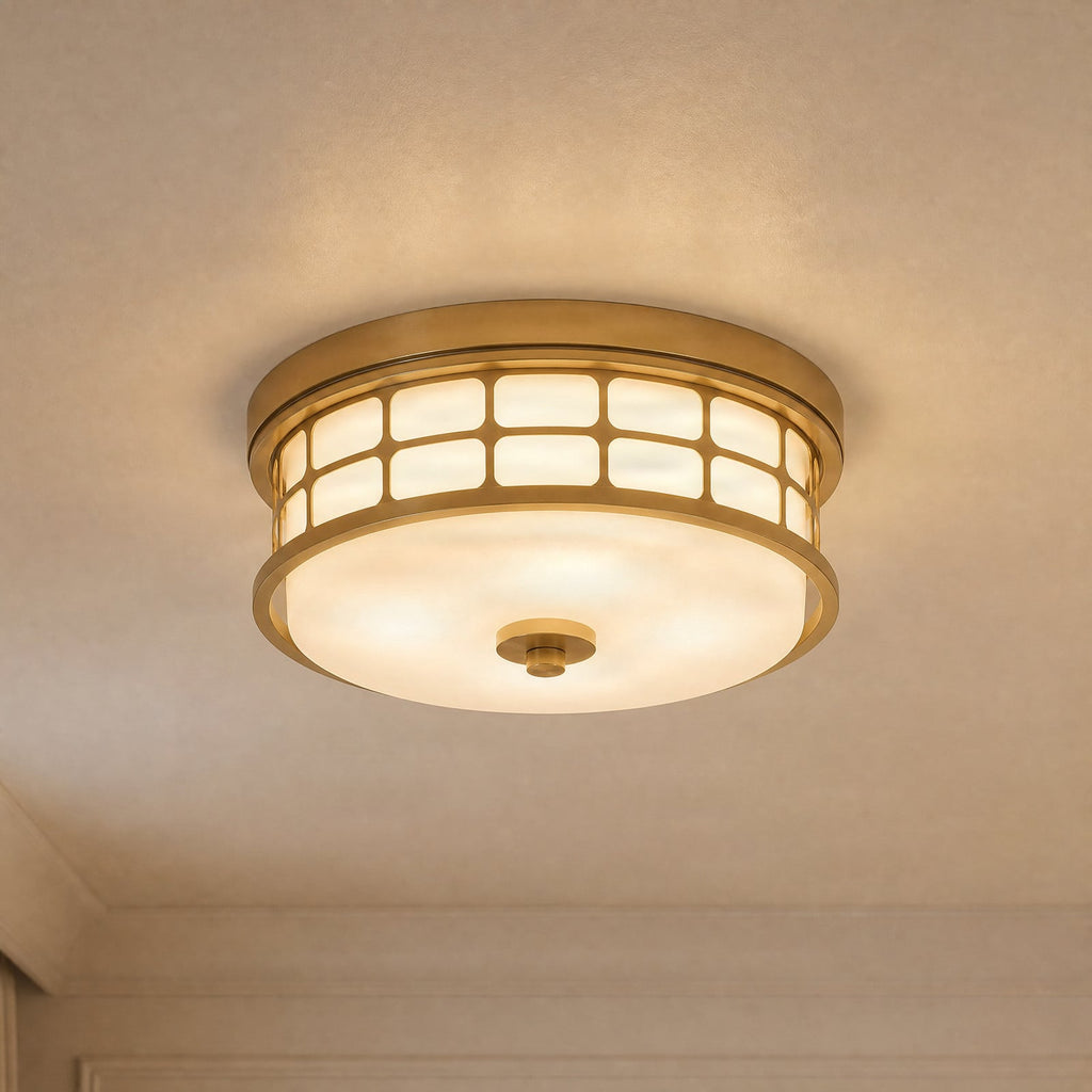 Lucande Clara ceiling light, Ø 13.8 in, white/brass, glass