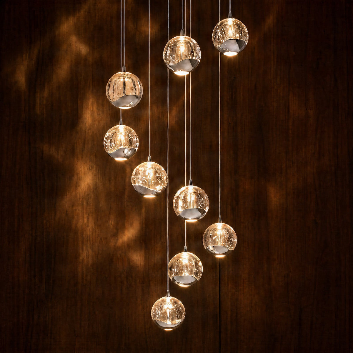 Lucande Hayley LED hanging light, Ø 16 in, 9-bulb, chrome, glass