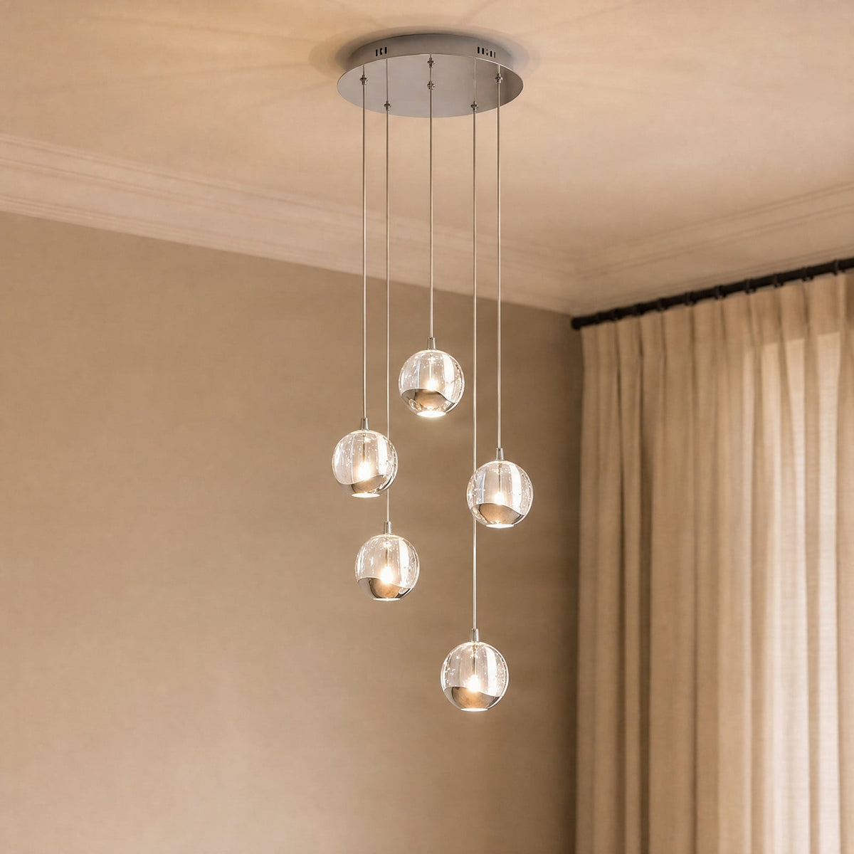 Lucande Hayley LED hanging light, Ø 11 in, 5-bulb, chrome, glass