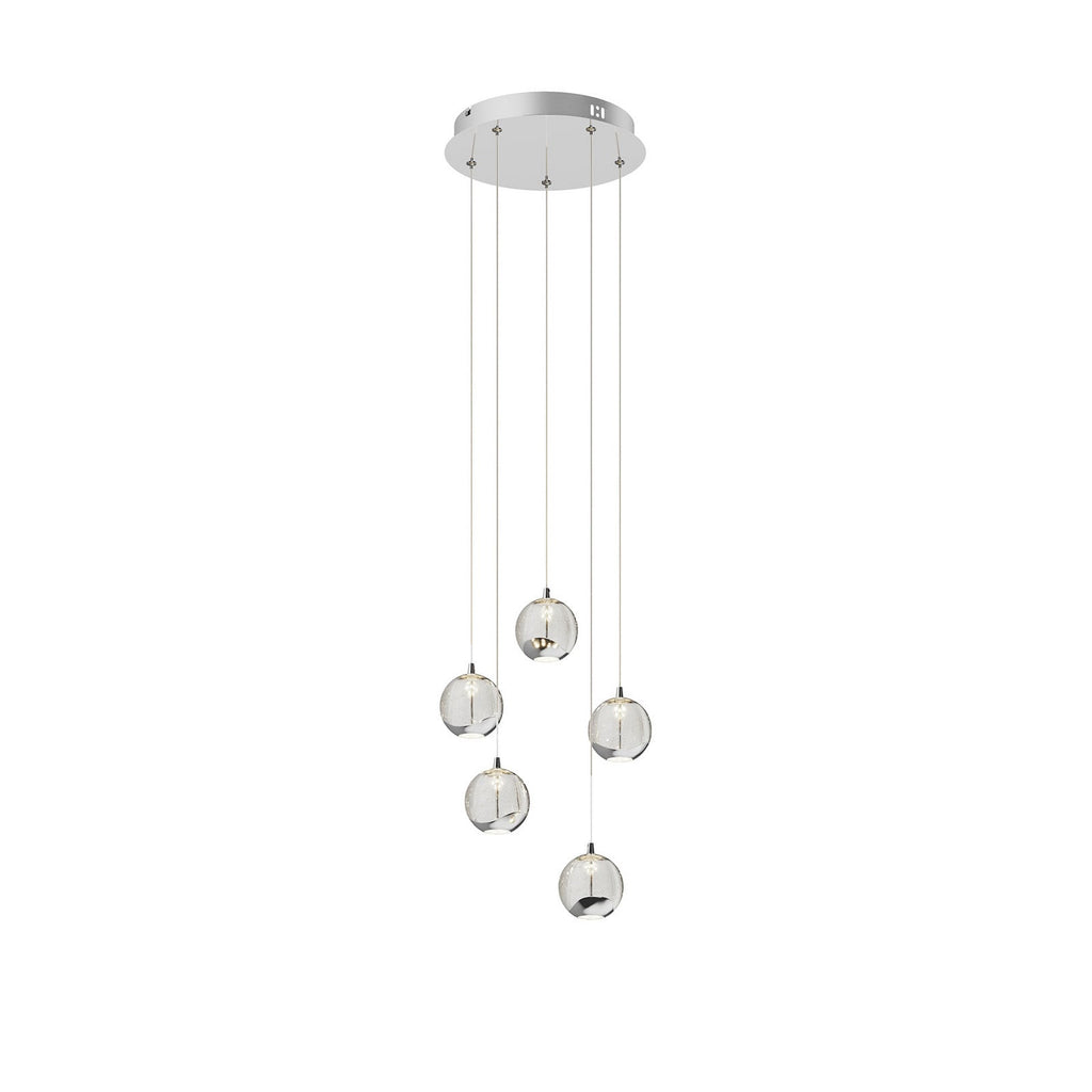 Lucande Hayley LED hanging light, Ø 11 in, 5-bulb, chrome, glass