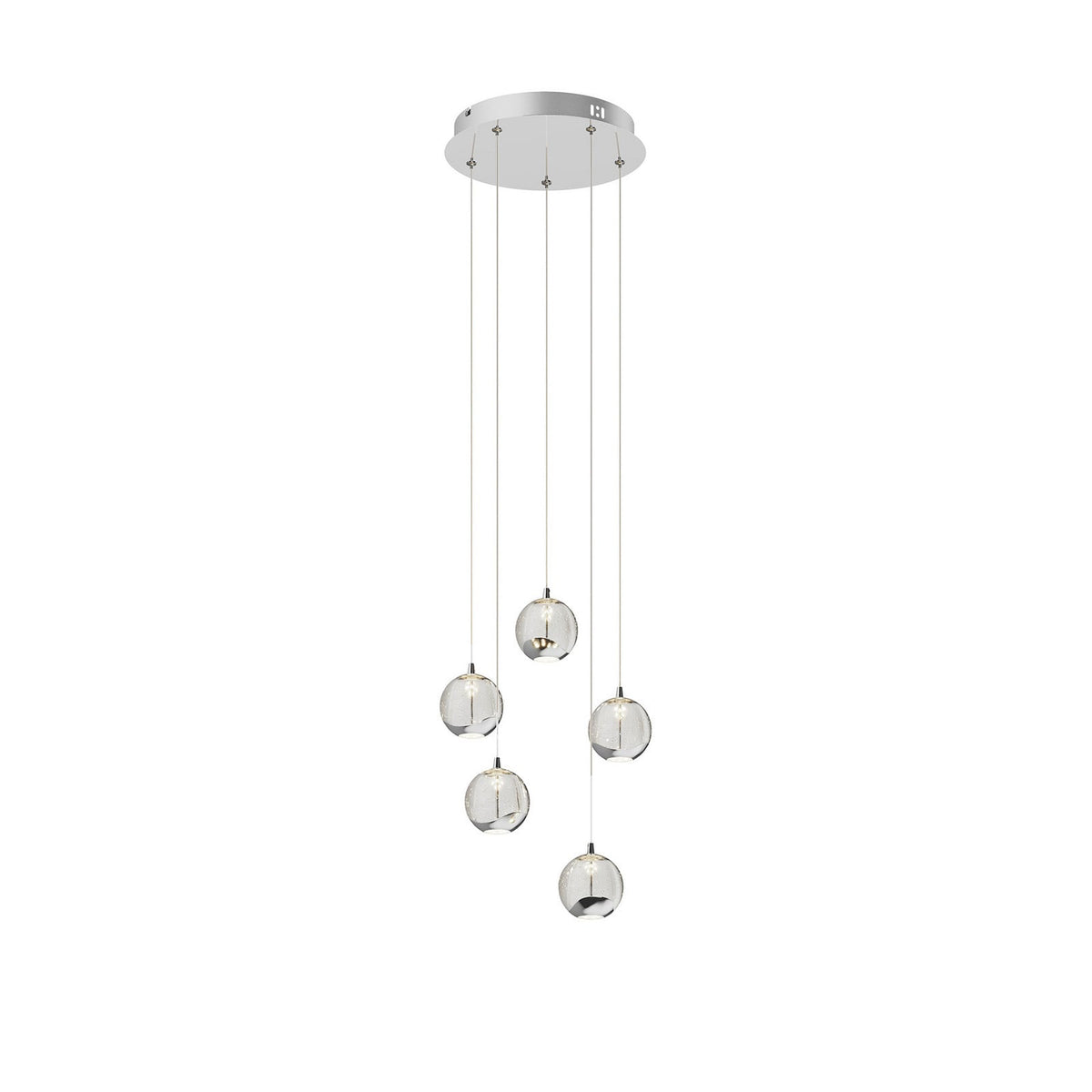 Lucande Hayley LED hanging light, Ø 11 in, 5-bulb, chrome, glass