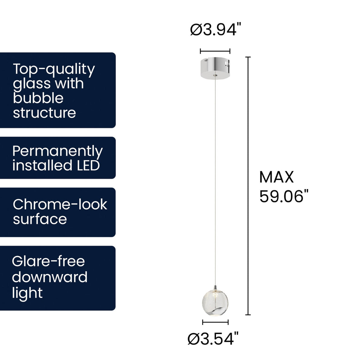 Lucande Hayley LED hanging light, Ø 3.5 in, 1-bulb, chrome, glass