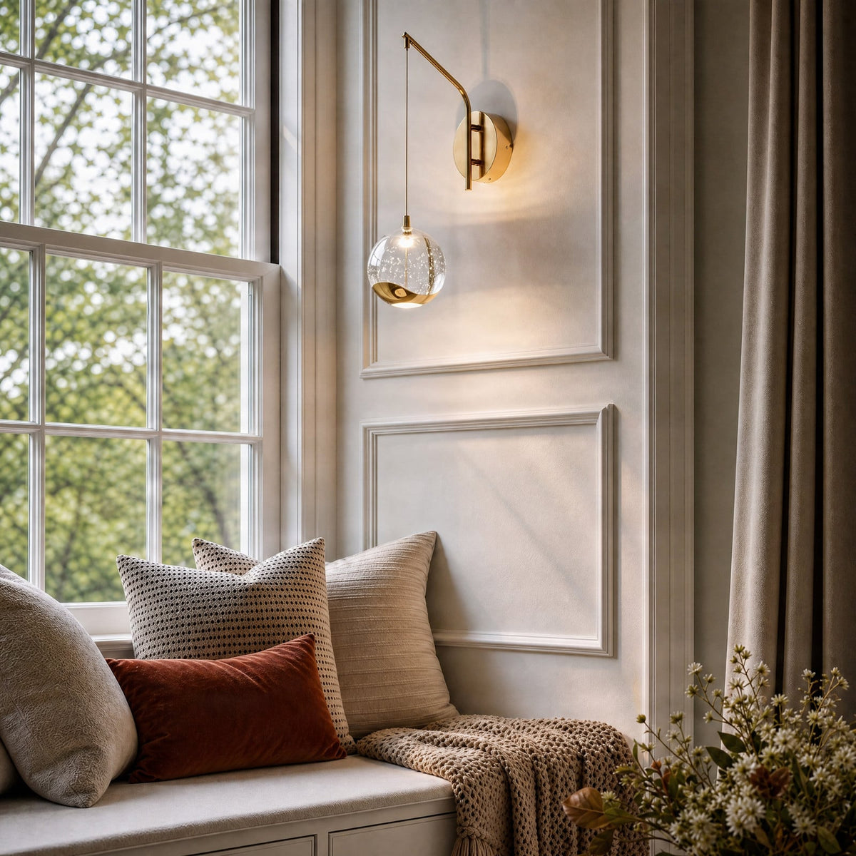 Lucande Hayley LED wall lamp, gold, height 13.4 in, glass