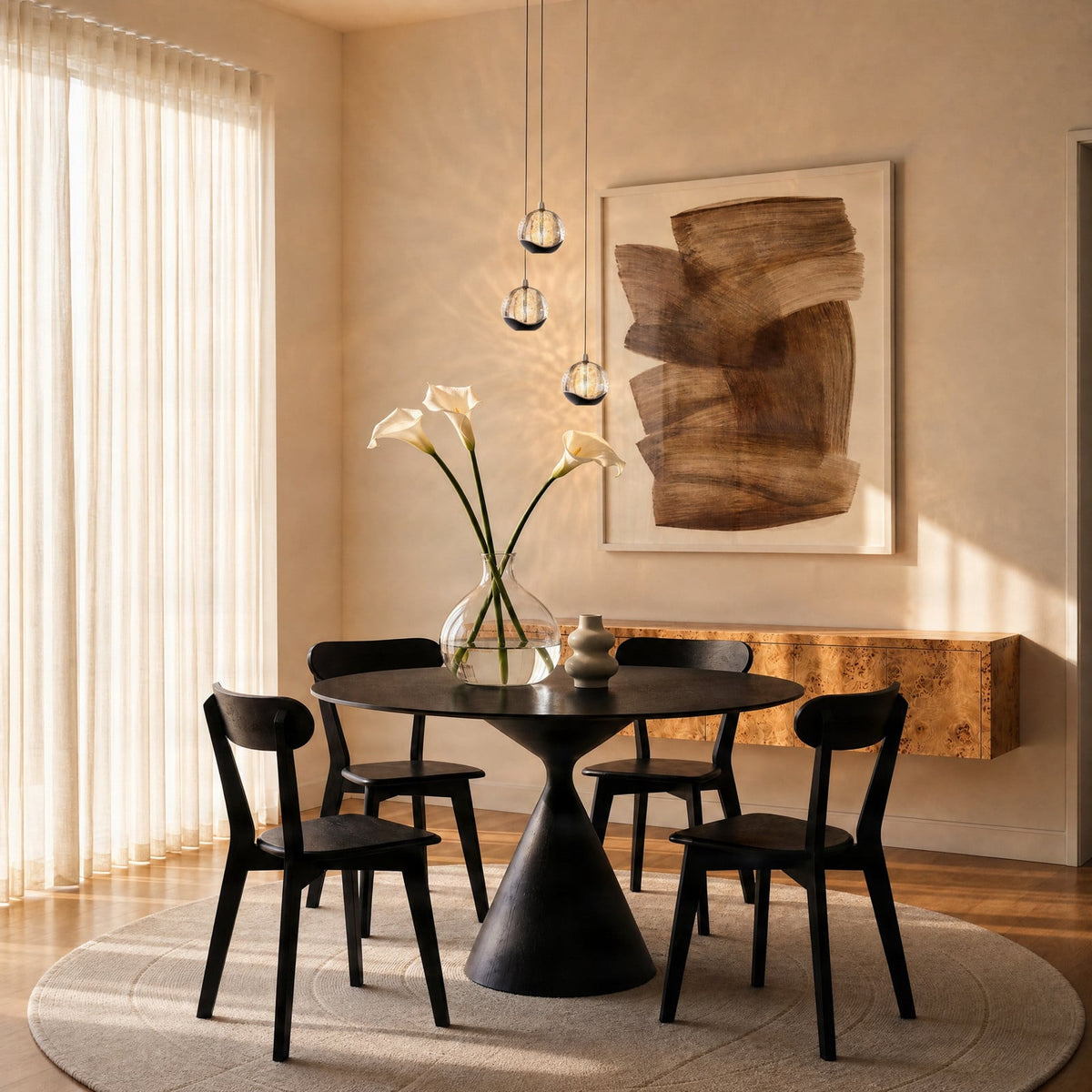 Lucande Hayley LED hanging light, Ø 9 in, 3-bulb, black, glass