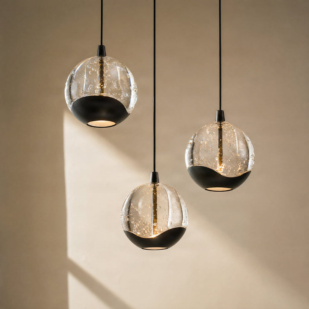 Lucande Hayley LED hanging light, Ø 9 in, 3-bulb, black, glass