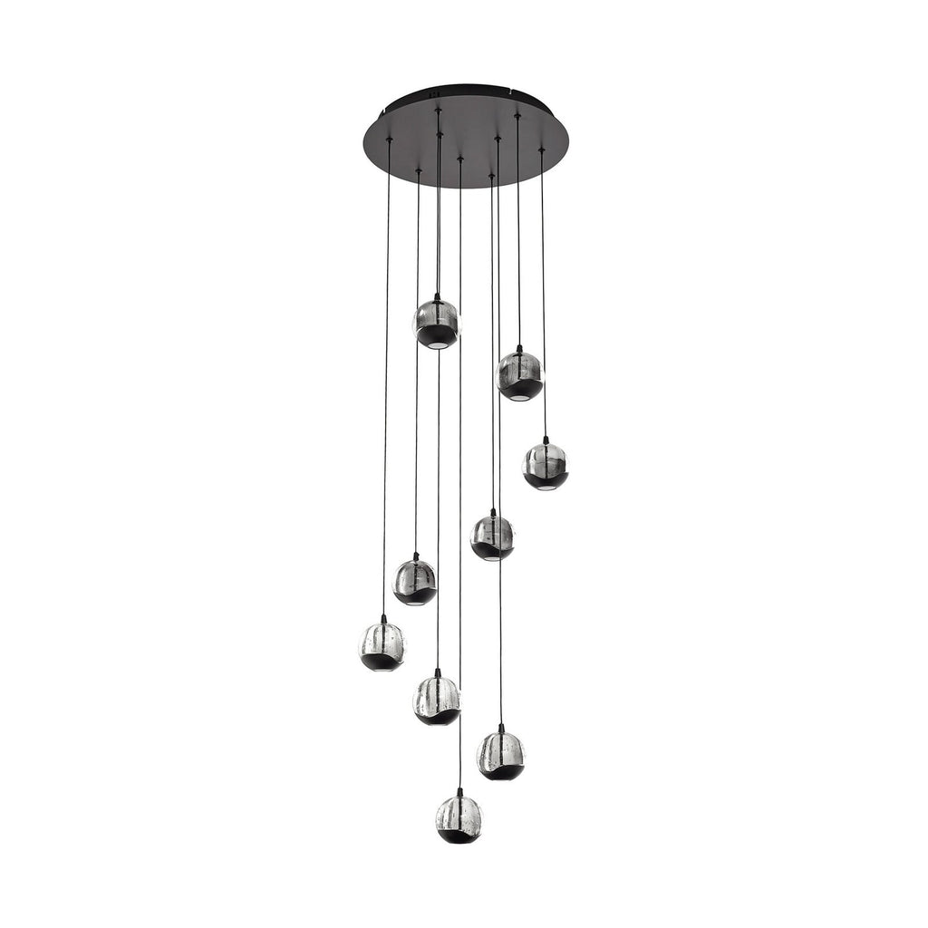 Lucande Hayley LED hanging light, 16 in, 9-bulb, black, glass