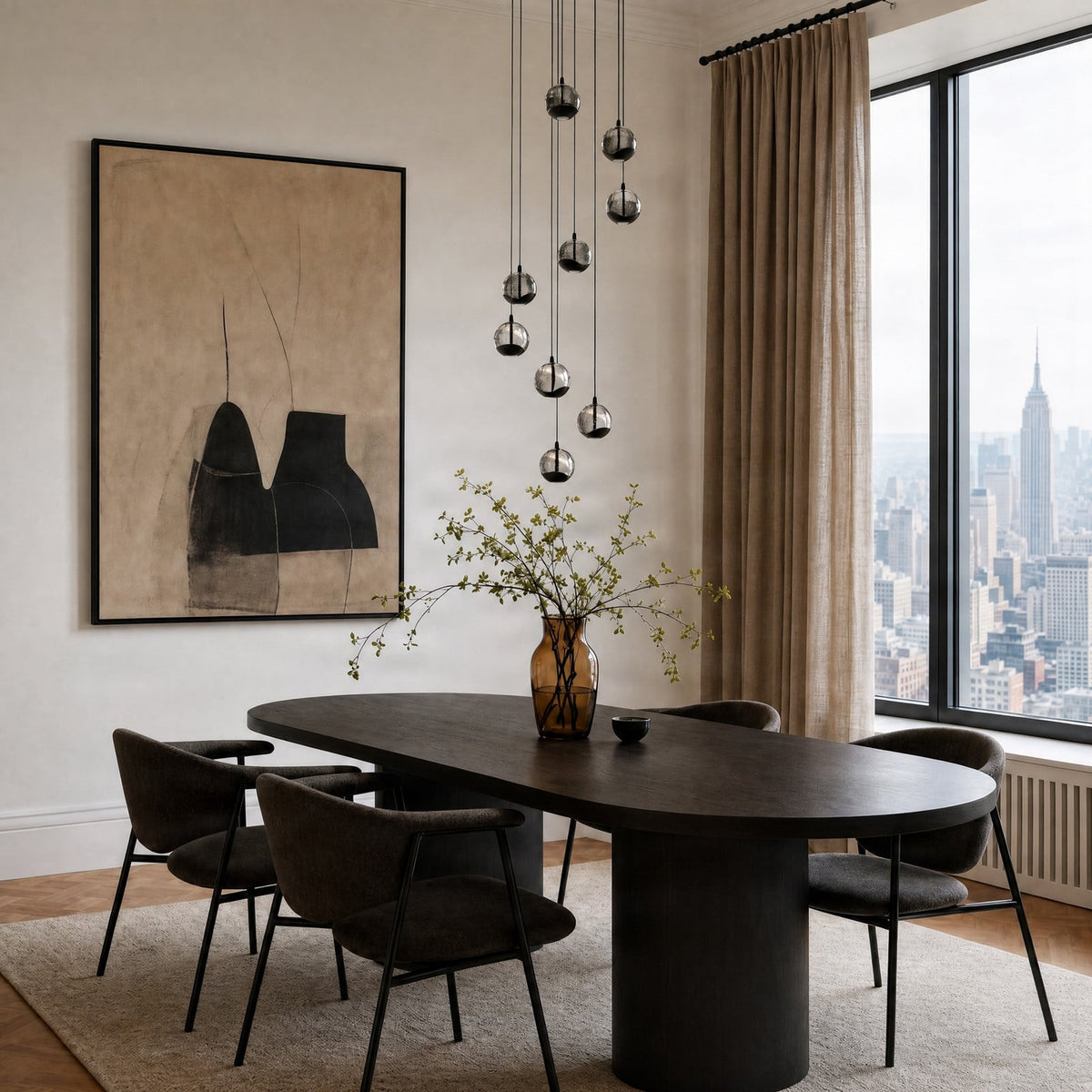 Lucande Hayley LED hanging light, 16 in, 9-bulb, black, glass