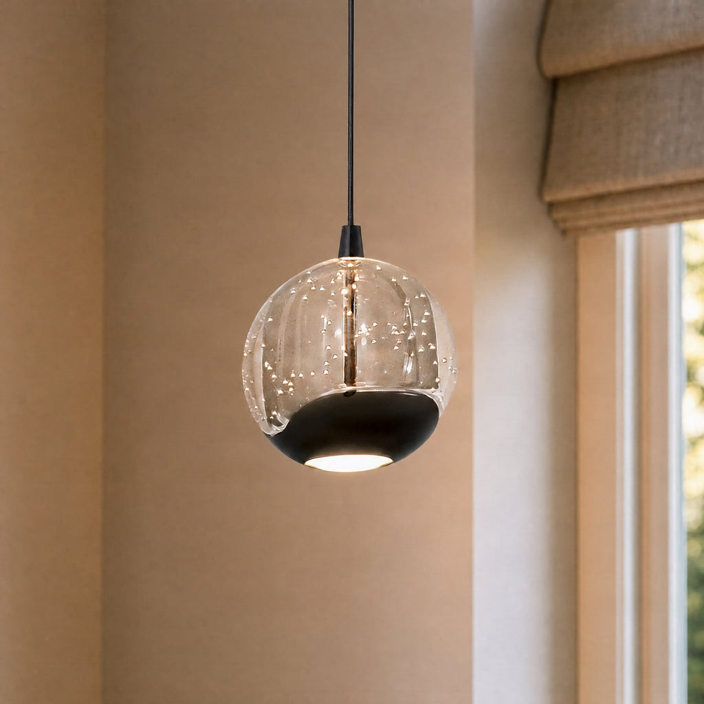 Lucande Hayley LED hanging light, Ø 3.5 in, 1-bulb, black, glass