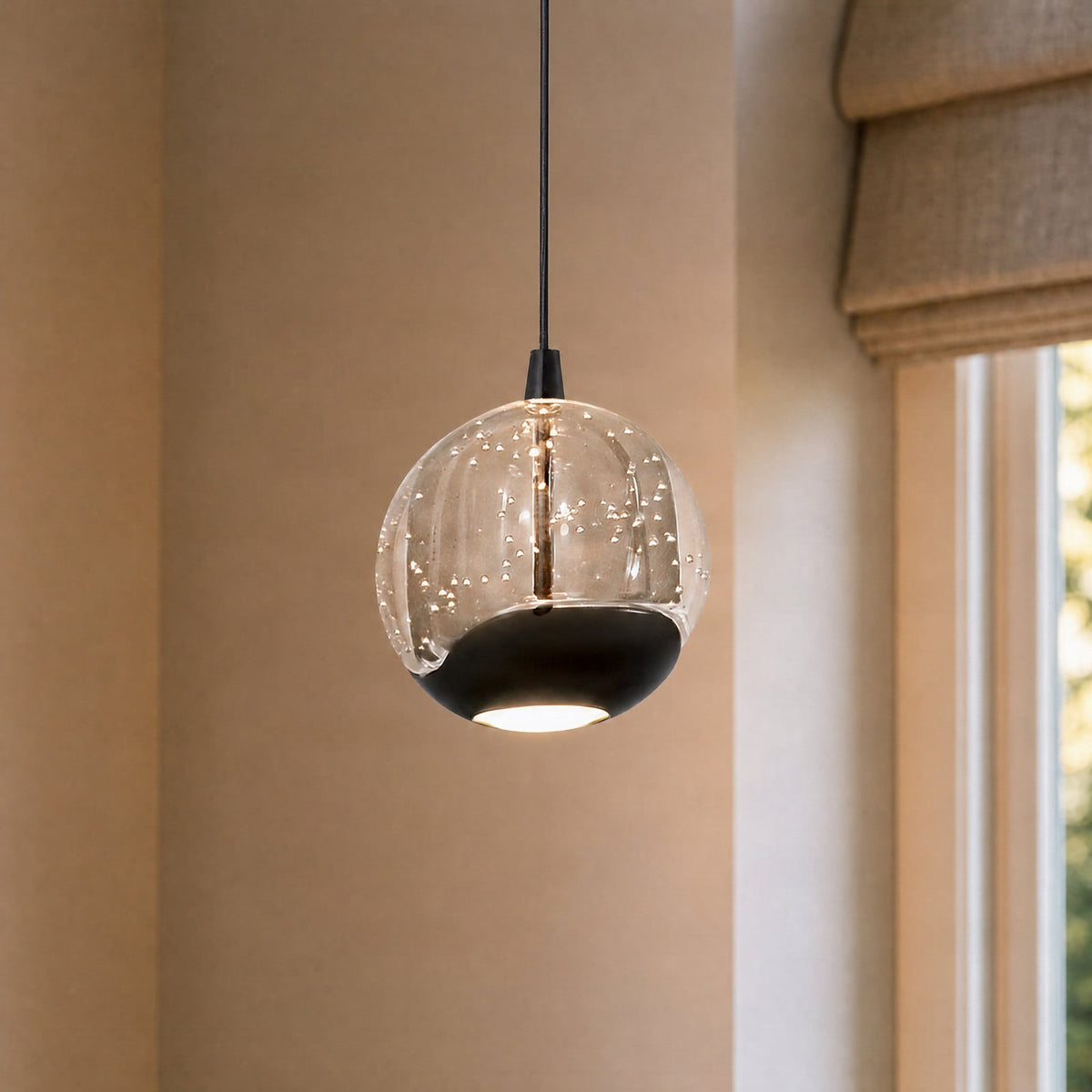 Lucande Hayley LED hanging light, Ø 3.5 in, 1-bulb, black, glass