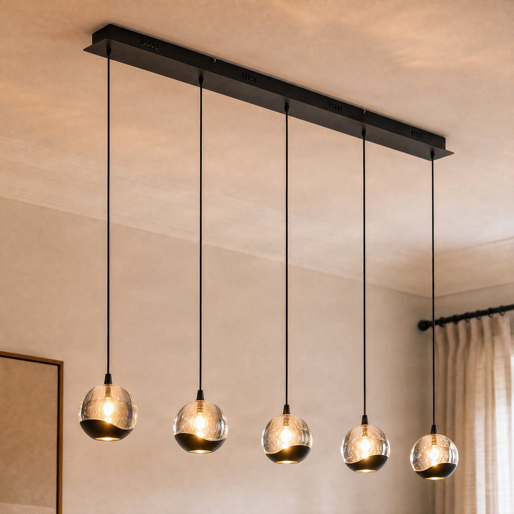 Lucande Hayley LED hanging light, 37 in, 5-bulb, black, glass